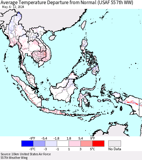 South East Asia Average Temperature Departure from Normal (USAF 557th WW) Thematic Map For 5/6/2024 - 5/12/2024