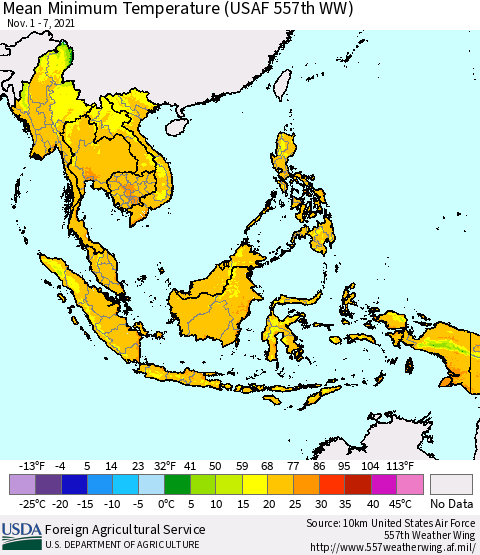 South East Asia Mean Minimum Temperature (USAF 557th WW) Thematic Map For 11/1/2021 - 11/7/2021
