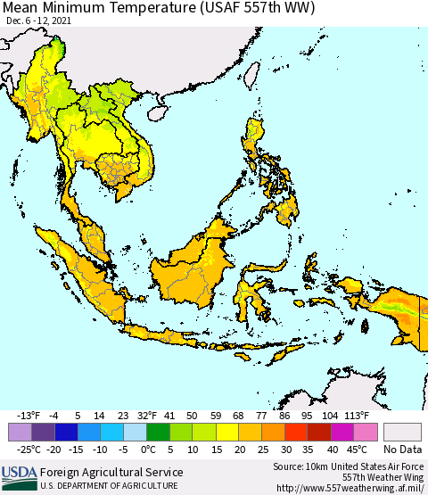 South East Asia Mean Minimum Temperature (USAF 557th WW) Thematic Map For 12/6/2021 - 12/12/2021
