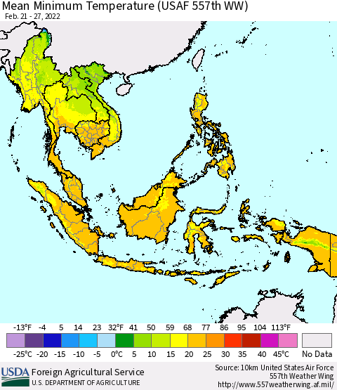 South East Asia Mean Minimum Temperature (USAF 557th WW) Thematic Map For 2/21/2022 - 2/27/2022