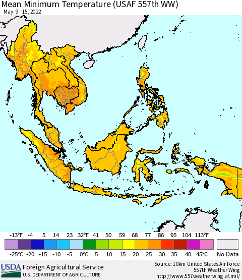 South East Asia Mean Minimum Temperature (USAF 557th WW) Thematic Map For 5/9/2022 - 5/15/2022