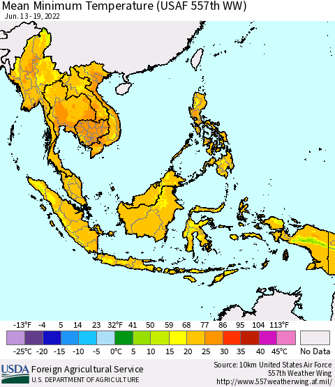 South East Asia Mean Minimum Temperature (USAF 557th WW) Thematic Map For 6/13/2022 - 6/19/2022