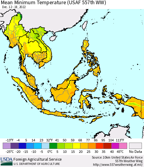 South East Asia Mean Minimum Temperature (USAF 557th WW) Thematic Map For 12/12/2022 - 12/18/2022