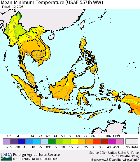 South East Asia Mean Minimum Temperature (USAF 557th WW) Thematic Map For 2/6/2023 - 2/12/2023