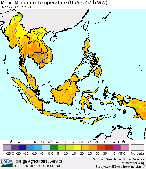 South East Asia Mean Minimum Temperature (USAF 557th WW) Thematic Map For 3/27/2023 - 4/2/2023