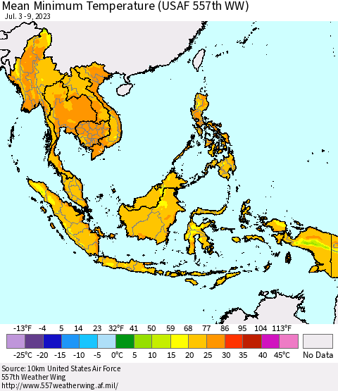 South East Asia Mean Minimum Temperature (USAF 557th WW) Thematic Map For 7/3/2023 - 7/9/2023