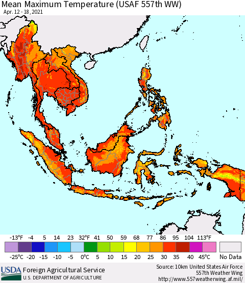 South East Asia Mean Maximum Temperature (USAF 557th WW) Thematic Map For 4/12/2021 - 4/18/2021