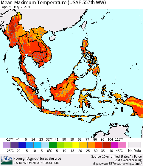 South East Asia Mean Maximum Temperature (USAF 557th WW) Thematic Map For 4/26/2021 - 5/2/2021