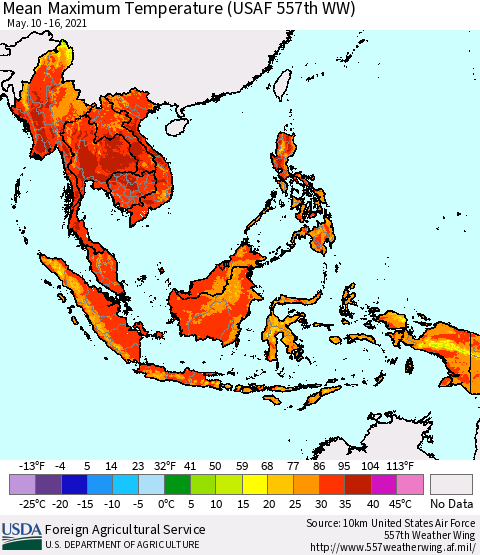 South East Asia Mean Maximum Temperature (USAF 557th WW) Thematic Map For 5/10/2021 - 5/16/2021