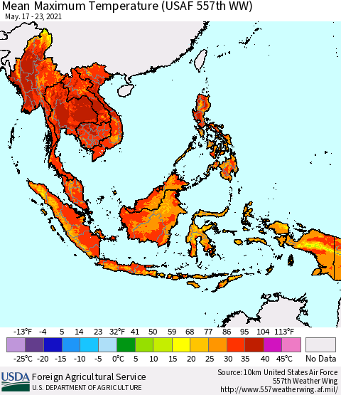 South East Asia Mean Maximum Temperature (USAF 557th WW) Thematic Map For 5/17/2021 - 5/23/2021