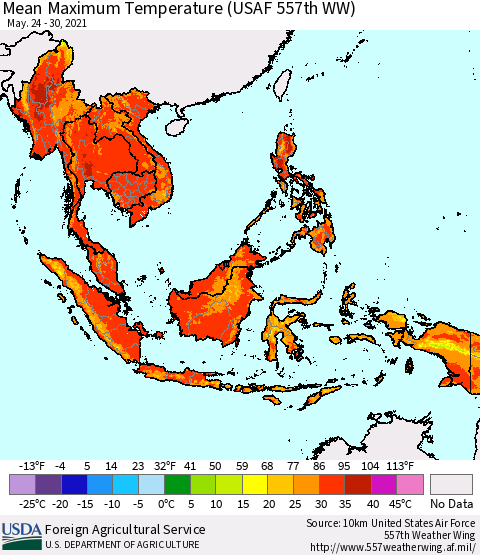 South East Asia Mean Maximum Temperature (USAF 557th WW) Thematic Map For 5/24/2021 - 5/30/2021