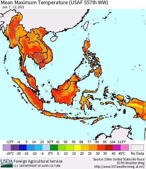 South East Asia Mean Maximum Temperature (USAF 557th WW) Thematic Map For 6/7/2021 - 6/13/2021