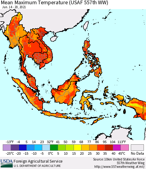 South East Asia Mean Maximum Temperature (USAF 557th WW) Thematic Map For 6/14/2021 - 6/20/2021