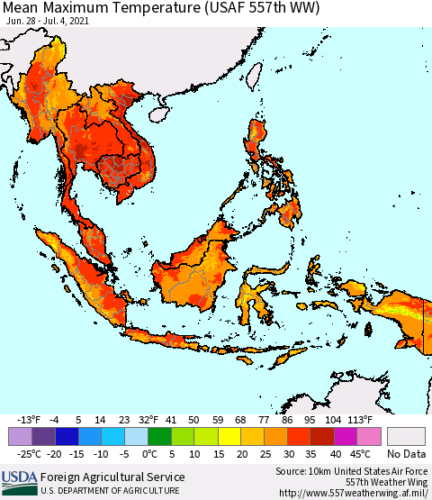 South East Asia Mean Maximum Temperature (USAF 557th WW) Thematic Map For 6/28/2021 - 7/4/2021