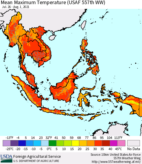 South East Asia Mean Maximum Temperature (USAF 557th WW) Thematic Map For 7/26/2021 - 8/1/2021