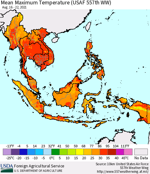 South East Asia Mean Maximum Temperature (USAF 557th WW) Thematic Map For 8/16/2021 - 8/22/2021
