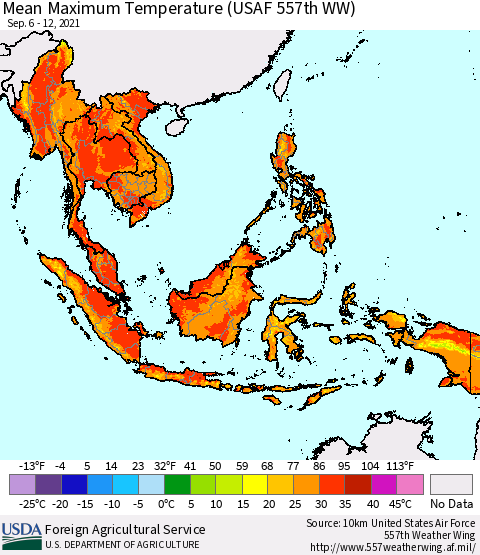 South East Asia Mean Maximum Temperature (USAF 557th WW) Thematic Map For 9/6/2021 - 9/12/2021