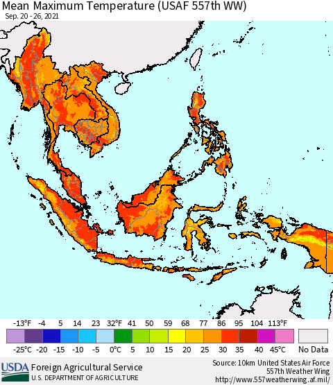 South East Asia Mean Maximum Temperature (USAF 557th WW) Thematic Map For 9/20/2021 - 9/26/2021