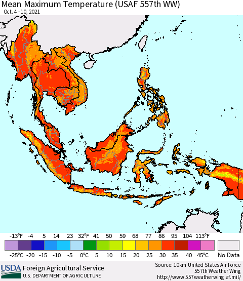 South East Asia Mean Maximum Temperature (USAF 557th WW) Thematic Map For 10/4/2021 - 10/10/2021