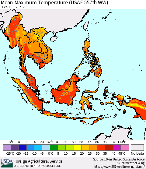 South East Asia Mean Maximum Temperature (USAF 557th WW) Thematic Map For 10/11/2021 - 10/17/2021