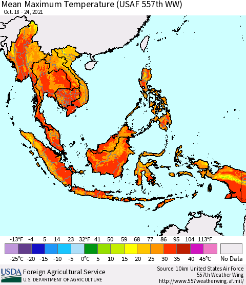 South East Asia Mean Maximum Temperature (USAF 557th WW) Thematic Map For 10/18/2021 - 10/24/2021