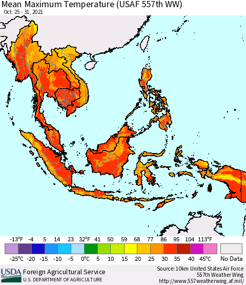 South East Asia Mean Maximum Temperature (USAF 557th WW) Thematic Map For 10/25/2021 - 10/31/2021
