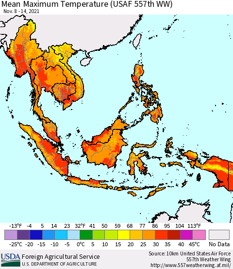South East Asia Mean Maximum Temperature (USAF 557th WW) Thematic Map For 11/8/2021 - 11/14/2021