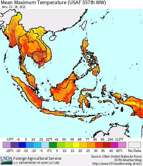 South East Asia Mean Maximum Temperature (USAF 557th WW) Thematic Map For 11/22/2021 - 11/28/2021
