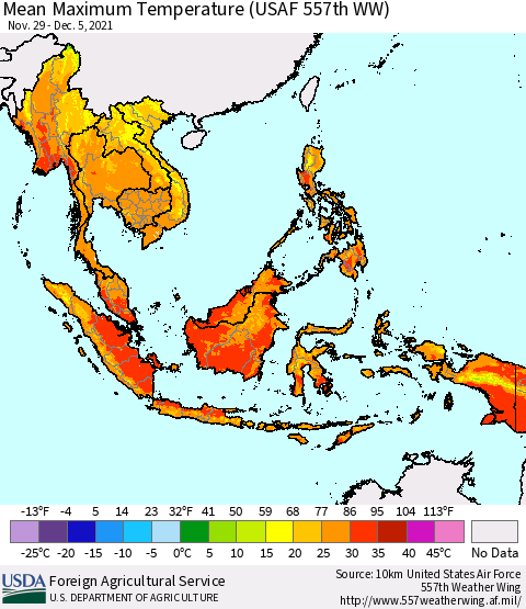 South East Asia Mean Maximum Temperature (USAF 557th WW) Thematic Map For 11/29/2021 - 12/5/2021
