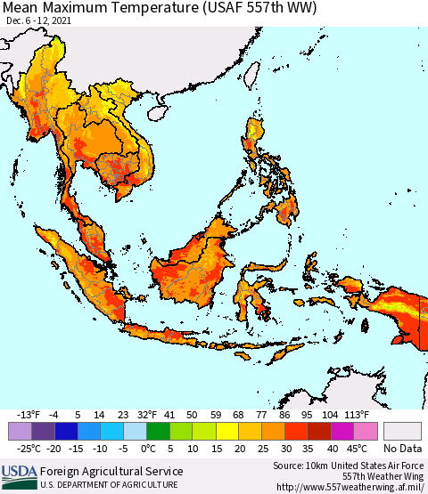 South East Asia Mean Maximum Temperature (USAF 557th WW) Thematic Map For 12/6/2021 - 12/12/2021