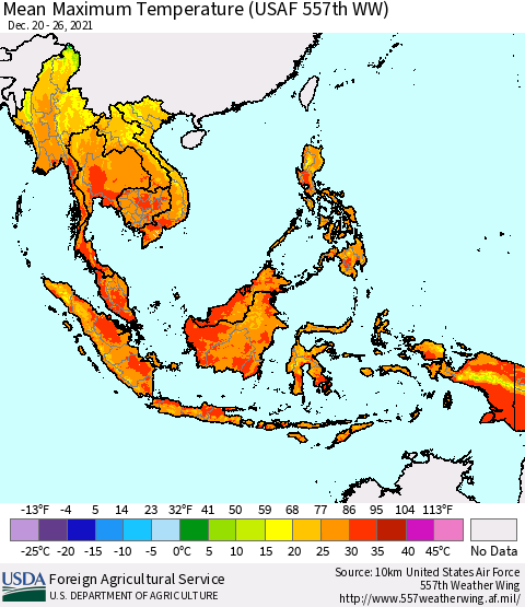 South East Asia Mean Maximum Temperature (USAF 557th WW) Thematic Map For 12/20/2021 - 12/26/2021