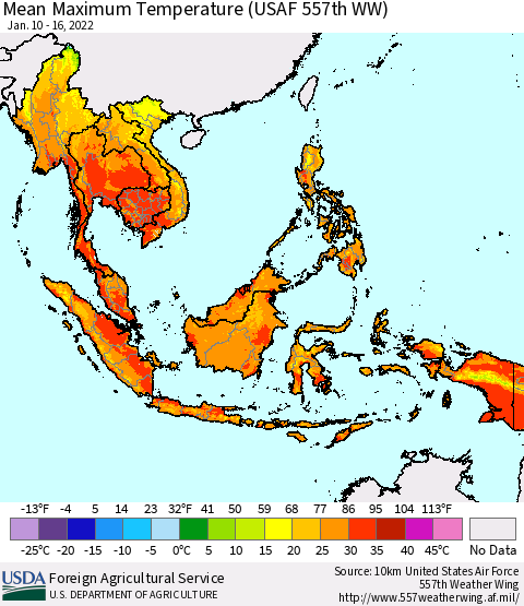 South East Asia Mean Maximum Temperature (USAF 557th WW) Thematic Map For 1/10/2022 - 1/16/2022
