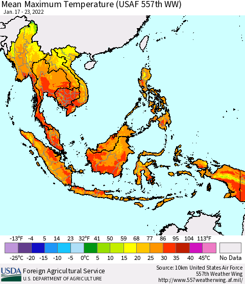 South East Asia Mean Maximum Temperature (USAF 557th WW) Thematic Map For 1/17/2022 - 1/23/2022