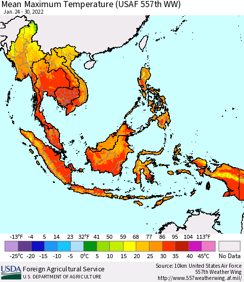 South East Asia Mean Maximum Temperature (USAF 557th WW) Thematic Map For 1/24/2022 - 1/30/2022