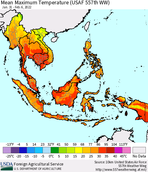 South East Asia Mean Maximum Temperature (USAF 557th WW) Thematic Map For 1/31/2022 - 2/6/2022