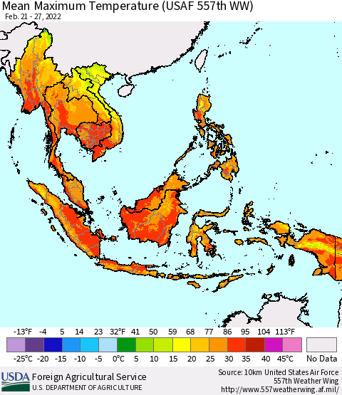 South East Asia Mean Maximum Temperature (USAF 557th WW) Thematic Map For 2/21/2022 - 2/27/2022