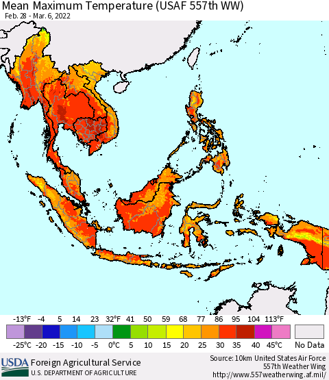 South East Asia Mean Maximum Temperature (USAF 557th WW) Thematic Map For 2/28/2022 - 3/6/2022