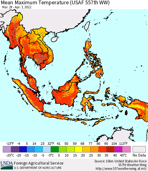 South East Asia Mean Maximum Temperature (USAF 557th WW) Thematic Map For 3/28/2022 - 4/3/2022