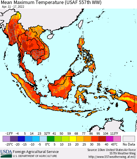 South East Asia Mean Maximum Temperature (USAF 557th WW) Thematic Map For 4/11/2022 - 4/17/2022
