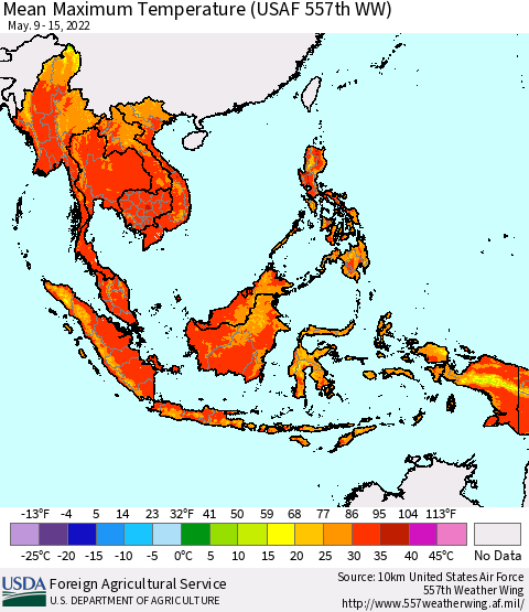 South East Asia Mean Maximum Temperature (USAF 557th WW) Thematic Map For 5/9/2022 - 5/15/2022
