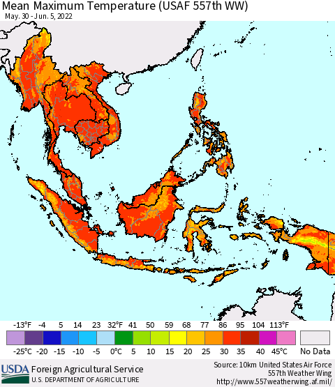 South East Asia Mean Maximum Temperature (USAF 557th WW) Thematic Map For 5/30/2022 - 6/5/2022