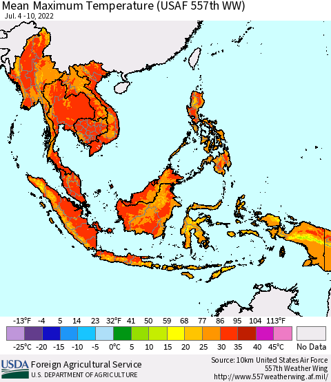 South East Asia Mean Maximum Temperature (USAF 557th WW) Thematic Map For 7/4/2022 - 7/10/2022
