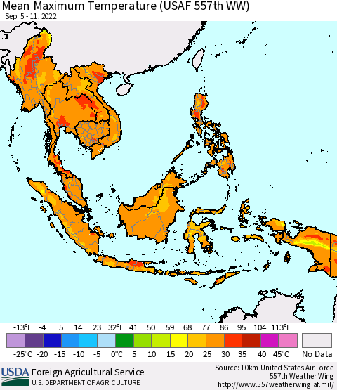 South East Asia Mean Maximum Temperature (USAF 557th WW) Thematic Map For 9/5/2022 - 9/11/2022