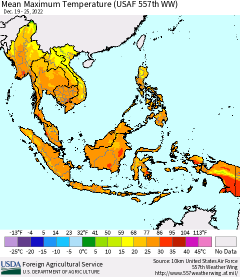 South East Asia Mean Maximum Temperature (USAF 557th WW) Thematic Map For 12/19/2022 - 12/25/2022