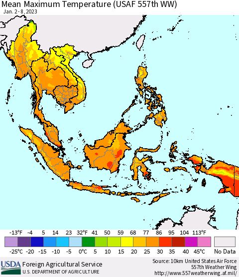 South East Asia Mean Maximum Temperature (USAF 557th WW) Thematic Map For 1/2/2023 - 1/8/2023