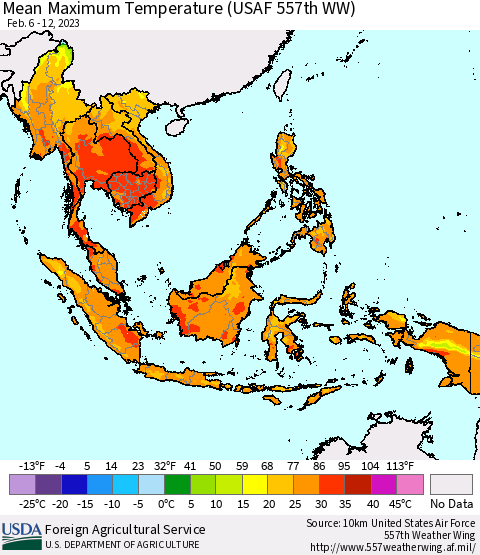 South East Asia Mean Maximum Temperature (USAF 557th WW) Thematic Map For 2/6/2023 - 2/12/2023