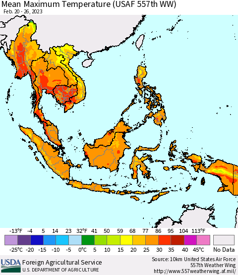 South East Asia Mean Maximum Temperature (USAF 557th WW) Thematic Map For 2/20/2023 - 2/26/2023