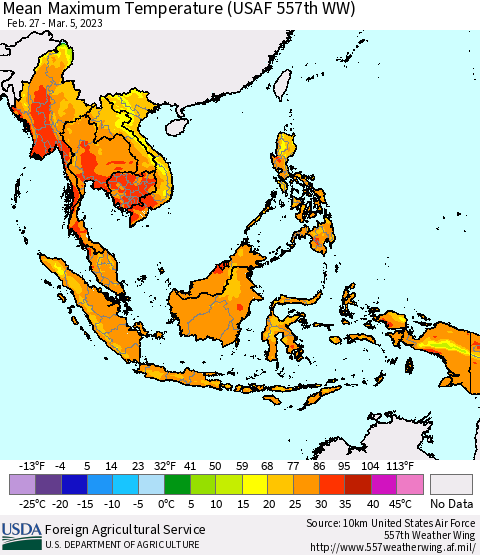 South East Asia Mean Maximum Temperature (USAF 557th WW) Thematic Map For 2/27/2023 - 3/5/2023