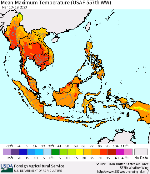 South East Asia Mean Maximum Temperature (USAF 557th WW) Thematic Map For 3/13/2023 - 3/19/2023
