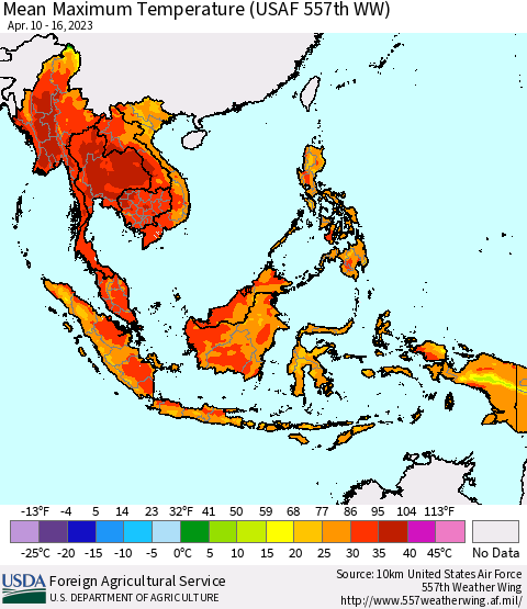 South East Asia Mean Maximum Temperature (USAF 557th WW) Thematic Map For 4/10/2023 - 4/16/2023